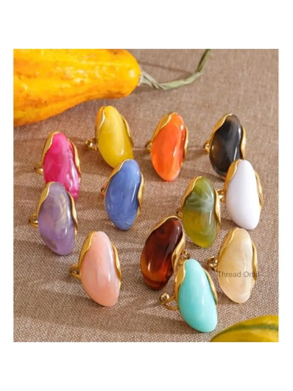 Chunky Oval Acrylic Statement Ring - Adjustable Open Circle, Gold Plated